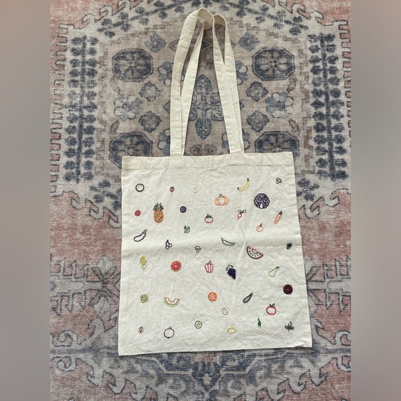 Hand Embroidered Multicolor Fruits & Vegetables Tan Canvas On The Go Tote Bag - Picture 1 of 5